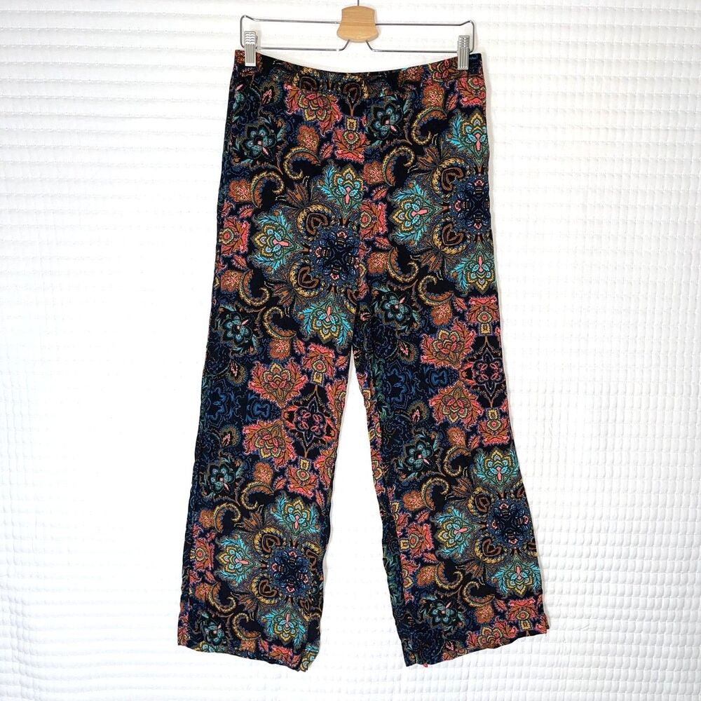 HM Wide Leg Boho Pull On Pants Size 8 Colorful Damask Floral Casual Travel